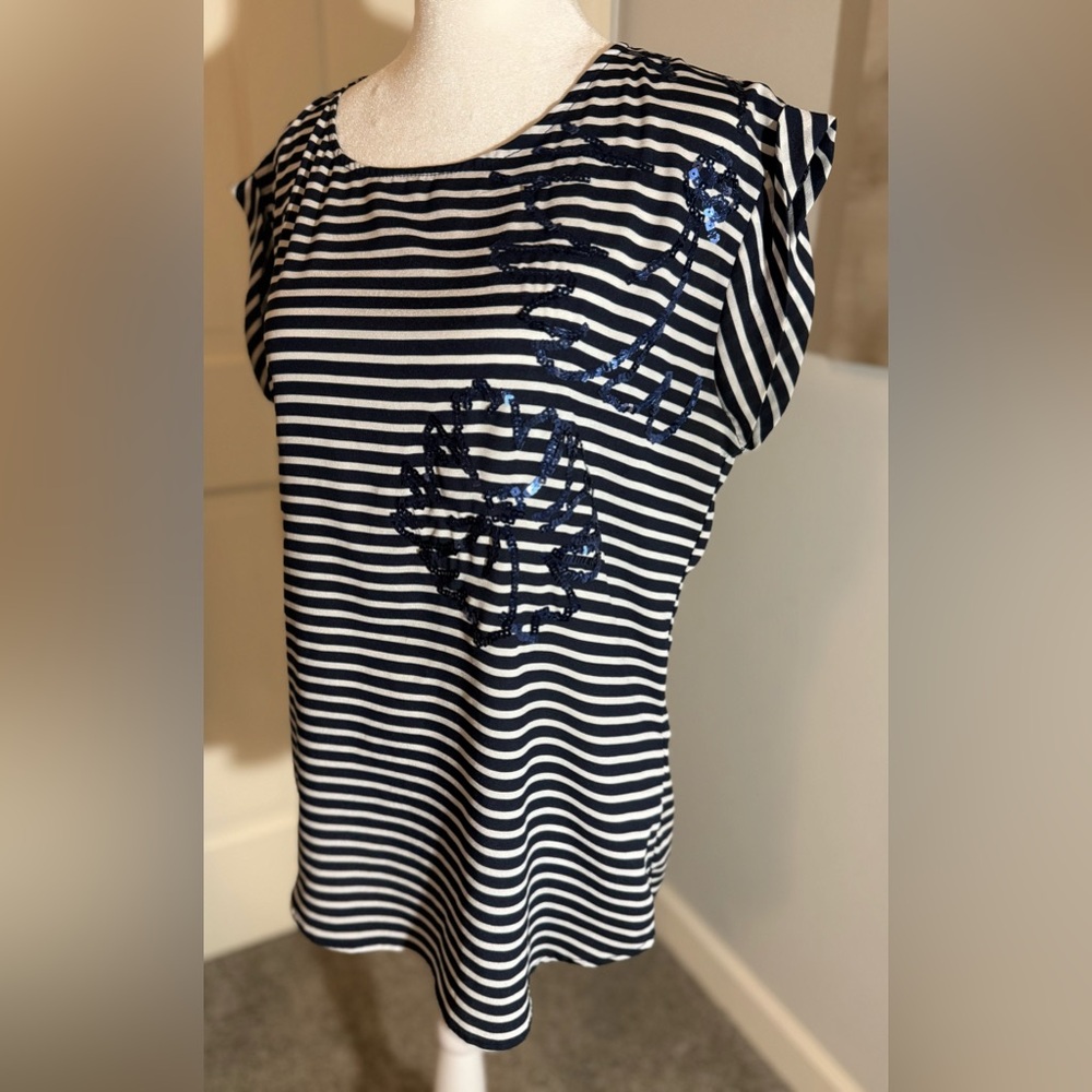 Women’s New York & Company Navy White Striped Blouse Blue Sequin Design Medium